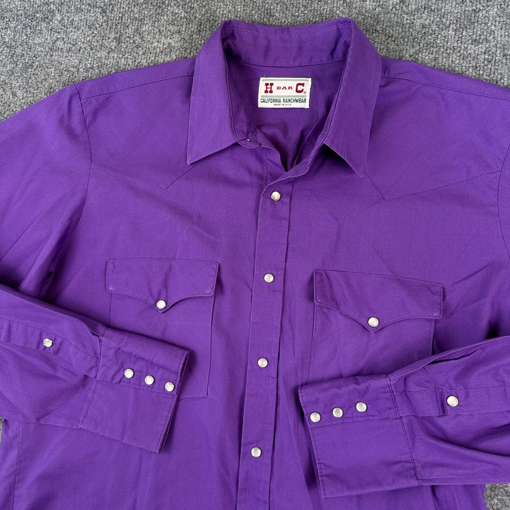 Vintage H Bar C Shirt Mens M Purple Pearl Snap Western Long Sleeve Made in USA